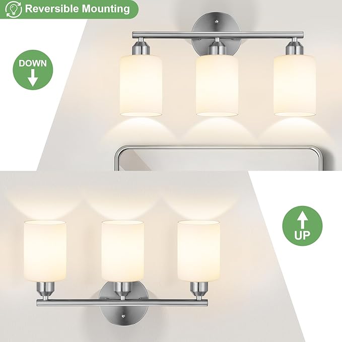 3-Light Bathroom Vanity Light Fixtures, Modern Wall Lamp for Mirror with Clear Opal Glass Shade, Silver Finish