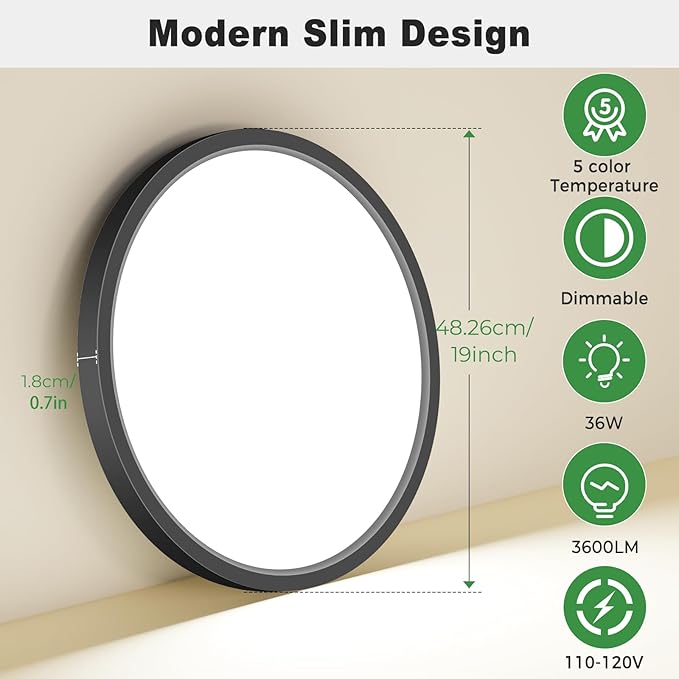 zemty 1Pack Black LED Flush Mount Ceiling Lights, 19Inch 36W Dimmable 5 Color Temp (3000K-6500K), Large Bright Light Fixture for Bedroom LivingRoom DiningRoom Office
