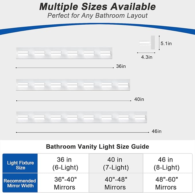 IZORRO LED Modern Bathroom Lights Fixtures(7-Light,Dimmable,360°Rotate),Matte White Acrylic Wall Lighting,Vanity Lights for Bathroom Over Mirror - 6000k 40In （No Assembly Required）