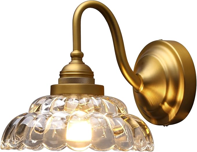PERMO Vintage Gold Wall Sconce with Clrar Lotus Glass Shade Hardwired Bathroom Vanity Light for Mirror, Bedroom & Hallway