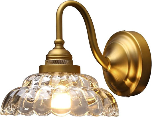 PERMO Vintage Gold Wall Sconce with Clrar Lotus Glass Shade Hardwired Bathroom Vanity Light for Mirror, Bedroom & Hallway