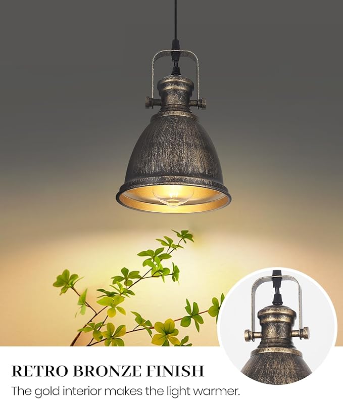 Bronze Pendant Lights Kitchen Island 3 Pack, Vintage Pendant Light, 6.5’’ Farmhouse Kitchen Light Fixtures, Adjustable Height, Pendant Lighting for Dining Room, Living Room, Sink, Bar
