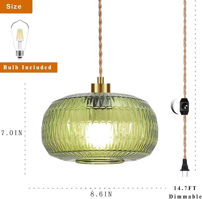 QIYIZM Plug in Pendant Light Glass Hanging Lights with Plug in Cord Boho Hanging Lamp Gold Mid Century Modern Vintage Dimmable Green Flower Plug in Chandelier Ceiling Fixture for Living Room,Kitchen