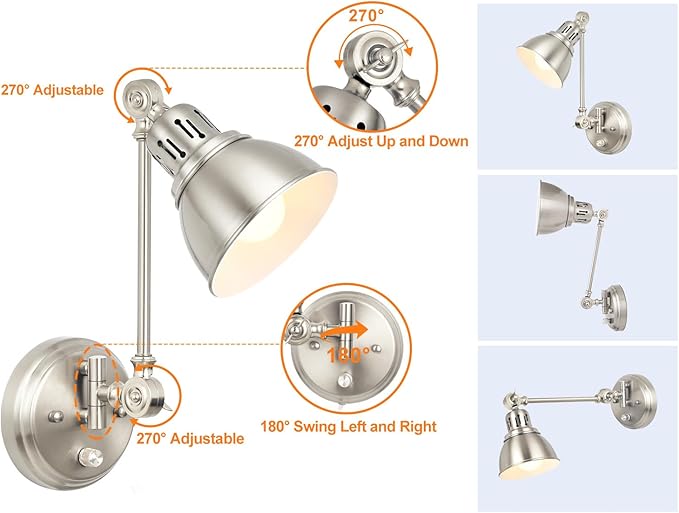 2 Pack Plug in Wall Sconces with Remote Control, Dimming, Adjustable Colors 2700K-6500K, Swing Arm Wall Lamps with Night Light & Timer, Plug-in or Hardwired, LED Bulbs Included, Brushed Nickel