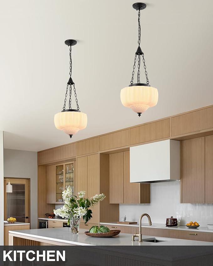 14 Inch Schoolhouse Pendant Light,Milk White Glass with Black Chain,Mid Century Modern Hanging Pendant Light,Vintage Light Fixture for Bedroom,Dining Room,Island,Hallway