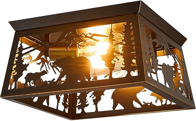 Rustic Light Fixture, 2-Light Farmhouse Flush Mount Ceiling Light Fixture, Metal Bear Country for Bedroom Foyer Entryway Hall Lights Ceiling Mount,E26 Bulbs, 12.5"