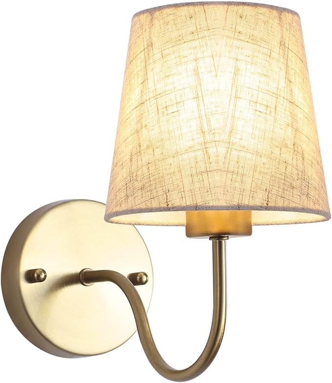 LASENCHOO Gold Wall Sconce, 1 Pack Modern Sconces Wall Lighting Vintage Wall Light Fixtures with Fabric Lampshade, Bedside Wall Lamp for Bedroom Living Room Hallway Entryway, E26 Bulb (No Include)