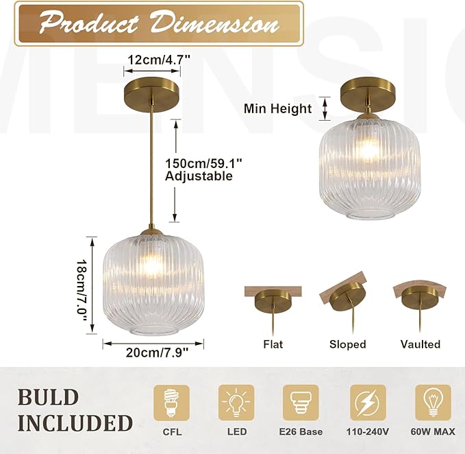 Modern Gold 1 Light Hanging Indoor Kitchen Island Pendant Light Large Single Brushed Brass Hanging Light Fixture Mid Century Clear Glass Globe Pendant Lighting for Dining Room Bedroom MPL30-C