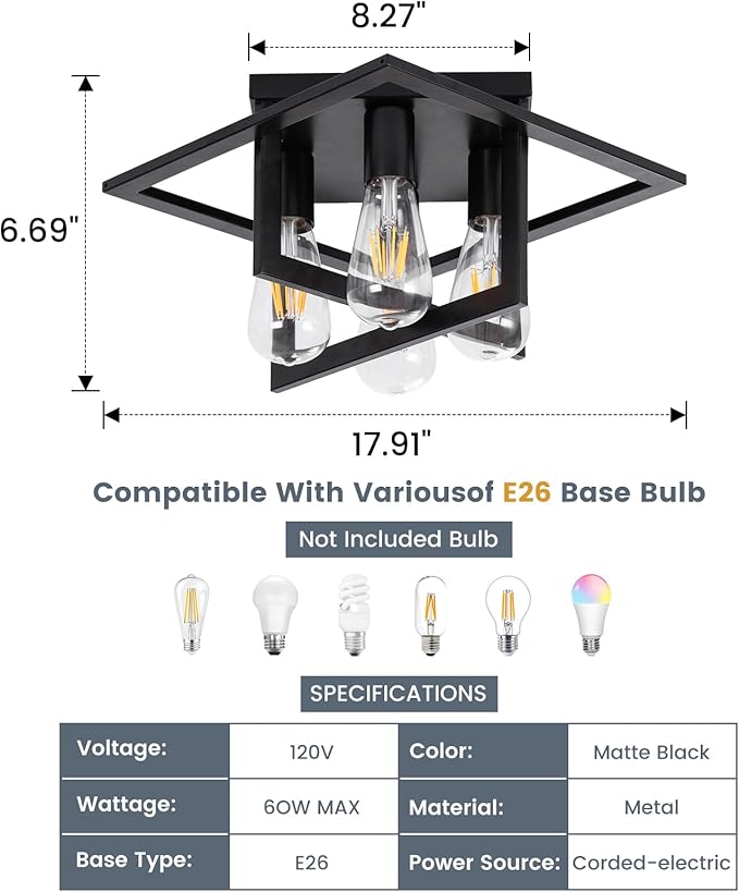 Semi Flush Mount Ceiling Light Fixture, 4 Light Industrial Ceiling Light Fixtures Ceiling Mount Black Farmhouse for Kitchen Lighting Fixtures Ceiling, Bathroom Ceiling Light, Bedroom, Hallway(2 Pack)
