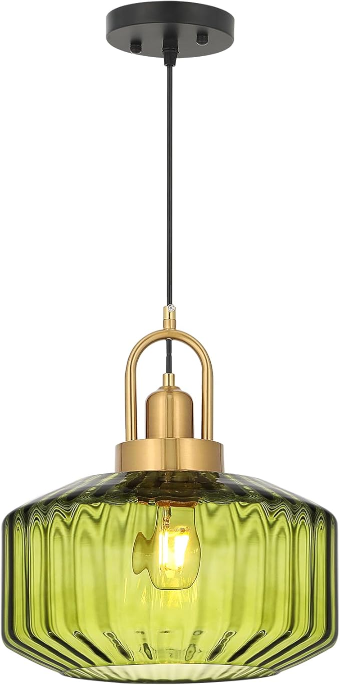 11.8in Mid Century Modern Green Glass Pendant Light Fixture, Large Gold Kitchen Island Pendants Light Glass Ceiling Hanging Lamp for Foyer Dining Room Bedroom Entryway Hallway Over Sink