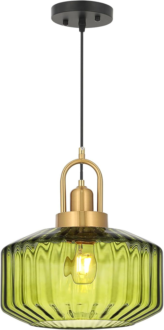 11.8in Mid Century Modern Green Glass Pendant Light Fixture, Large Gold Kitchen Island Pendants Light Glass Ceiling Hanging Lamp for Foyer Dining Room Bedroom Entryway Hallway Over Sink