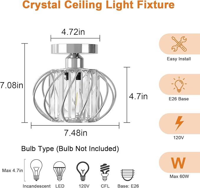 FRIDEKO HOME Crystal Ceiling Light Fixture - Crystal Chandelier Small Semi Flush Mount Ceiling Light Modern Lights Ceiling Mount for Hallway Kitchen Entryway Bedroom Bathroom (2 Pack, 7.48 Inch)
