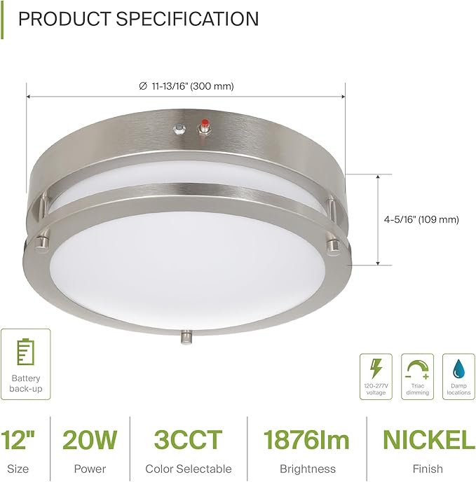 ASD LED 12" Round Flush Mount Lighting, Close to Ceiling Light Fixture | 3CCT, Dimmable, Battery Backup, ETL Listed | 20W 1876LM 3000-5000K 100-277V | Low Profile Double Ring Lamp | Nickel