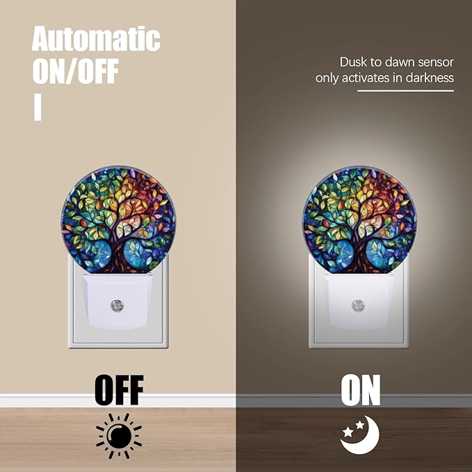 Round LED Night Lights Lamp with Dusk to Dawn Sensor, Circular Stained Glass Design of The Tree of Life Night Light Plug Into Wall for Kids Room, Bedroom, Bathroom, Kitchen, Hallway