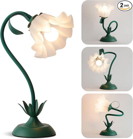WERFOP Flower Table Lamp, Cute LED Reading Bedside Night Light, 3 Color Modes Vintage Desk Lamp, Kawaii Aesthetic Decor for Dorm Bedroom Living Room (Dark Green)