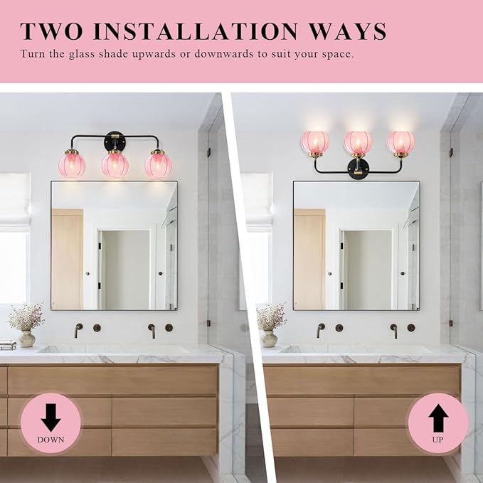 Modern Bathroom Light Fixture Pink Wall Lights with Ribbed Glass Shade 3-Lights Vintage Black Vanity Light Over Mirror Wall Sconce Decor Lighting Fixtures for Bath Farmhouse Bedroom