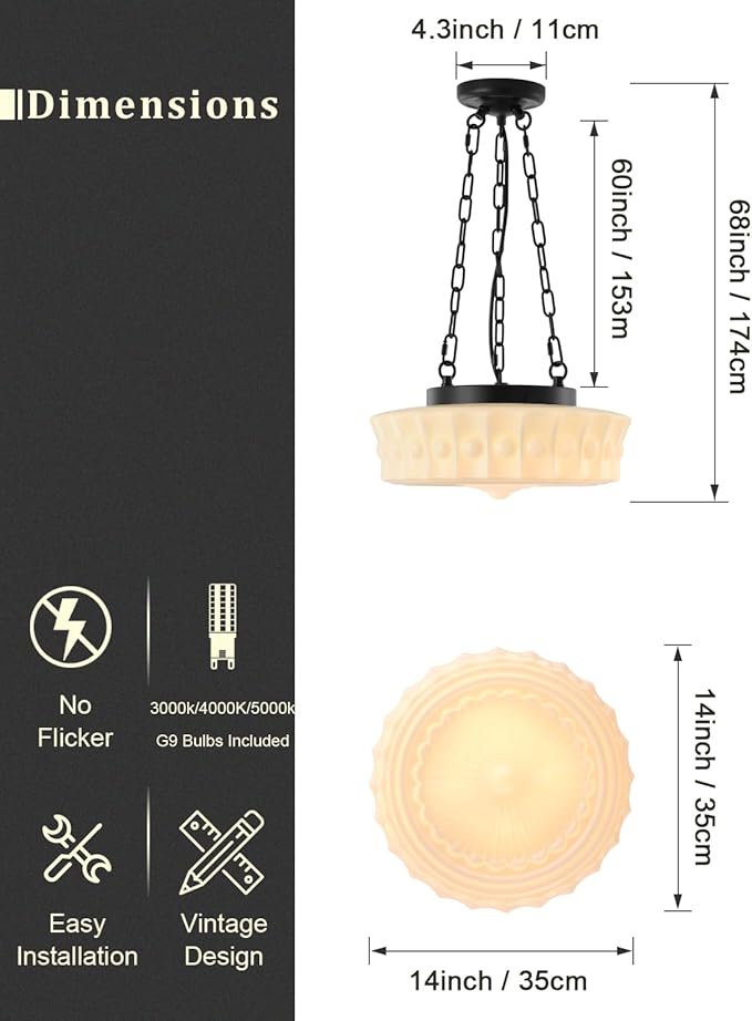13.8" Vintage Milk Glass Pendant Light,Mid-Century Schoolhouse Hanging Ceiling Light Fixture for Bedroom,Dining Room,Hallway,Kitchen Island,4*G9 Dimmable Bulbs Included
