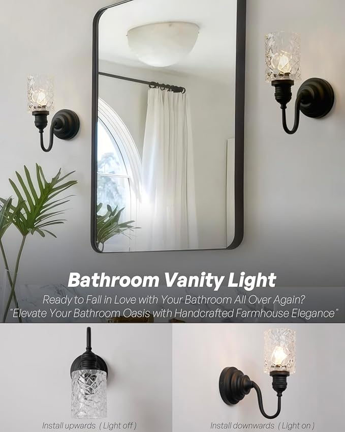 Vintage Wall Sconce 1-Light Black Bathroom Vanity Light with Clear Ripple Glass Shade Hardwire Farmhouse Wall Lamp Fixture for Bathroom Mirror Living Room Bedroom Kitchen Indoor