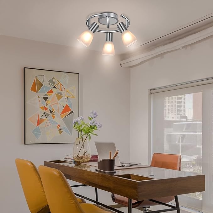 HiBay 3-Light Ceiling Light Fixture, Modern Sliver Adjustable LED Track Lighting Round Spot Lights, Directional Spotlight with Glass Shade for Kitchen Bedroom, Incl 3× 4W E12 Bulbs