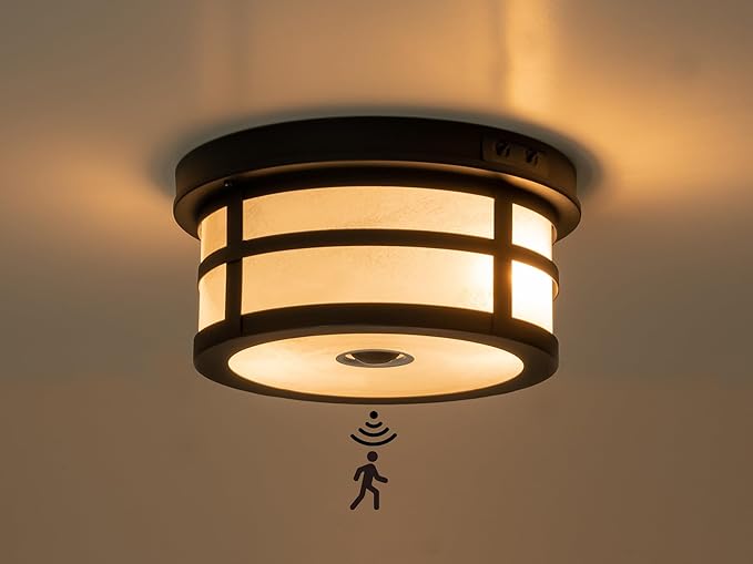 Motion Sensor Outdoor Ceiling Light, Flush Mount Front Porch Light with Adjustable Sensor 2-Light Black Outdoor Light Fixture Ceiling Mount with Frosted Glass for Garage, Patio