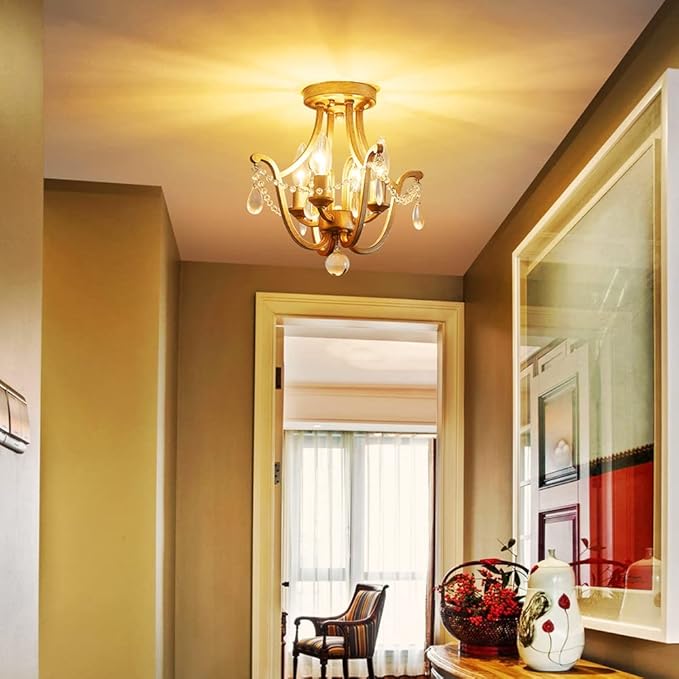 AGV LIGHTING Crystal Ceiling Light Fixture, Semi Flush Mount Ceiling Light, E12 Base 4-Lights, D12 x H12, Clear Crystal & Dressed Gold Finish Metal Frame