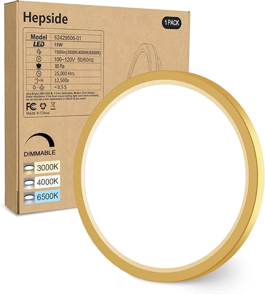 hepside 1Pack Dimmable Flush Mount Ceiling Light Fixture Golden, 3CCT Selectable 3000/4000/6500K Ceiling Lamp, 7.5INCH 15W 1500LM Low Profile Light for Bedroom, Kitchen, Bathroom, Hallway