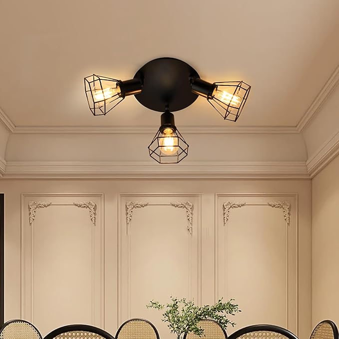 HiBay LED Track Lighting Fixtures, 3-Light Adjustable Directional Ceiling Light, Black Geometric Metal Cage Industrial Spotlight Indoor for Kitchen, Dining, Bedroom, E26 Base (Bulbs Not Included)