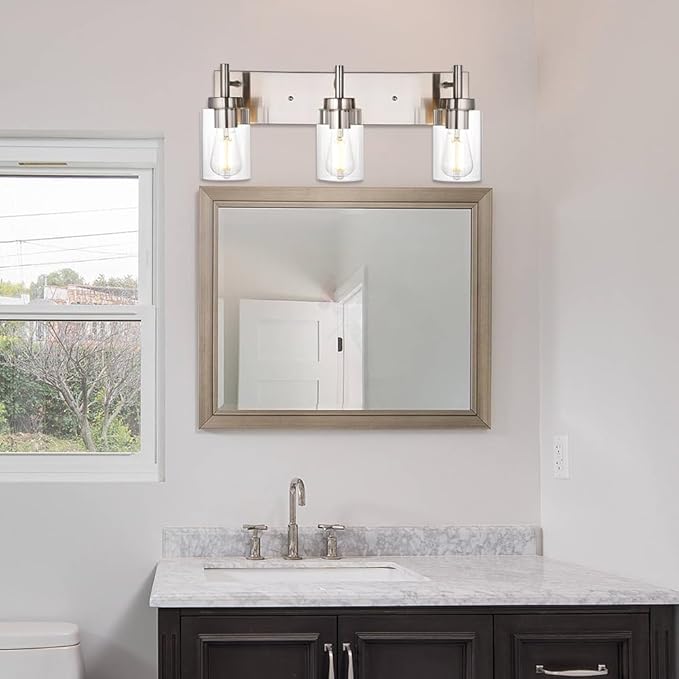 VINLUZ Vanity Bathroom Light Fixture Brushed Nickel 3 Lights Modern Wall Sconce Lighting with Clear Glass Shade Vintage Rustic Porch Wall Lamp Bedroom(Patent No.: US D958,438 S)