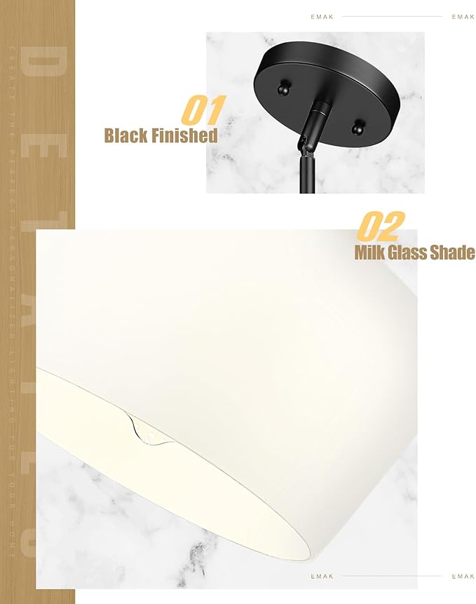 Emak Modern 8 Inch Black Pendant Light, Farmhouse Pendant Lighting with Milk Glass Shade, 1 Light Hanging Light Fixture for Kitchen Island, Dining Room, Bathroom, Bedroom, PL122-BK-ML