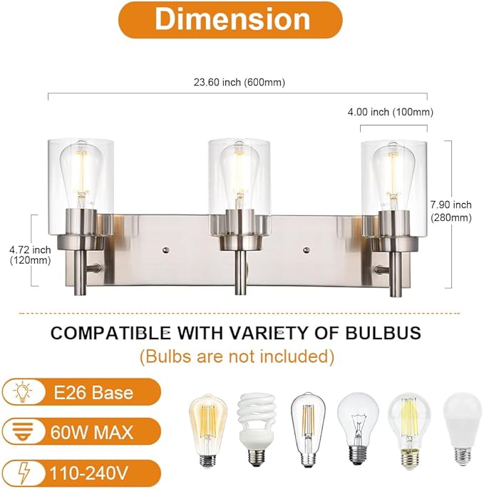 VINLUZ Vanity Bathroom Light Fixture Brushed Nickel 3 Lights Modern Wall Sconce Lighting with Clear Glass Shade Vintage Rustic Porch Wall Lamp Bedroom(Patent No.: US D958,438 S)