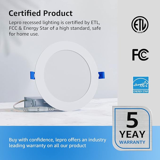 Lepro 12 Pack 4 inch Canless LED Recessed Light Ultra-Thin, Dimmable Downlight 5000 Kelvin Daylight with Junction Box, 750 Lumen High Brightness 10 watt Eqv. 80 watt 50,000 Hours Lifespan