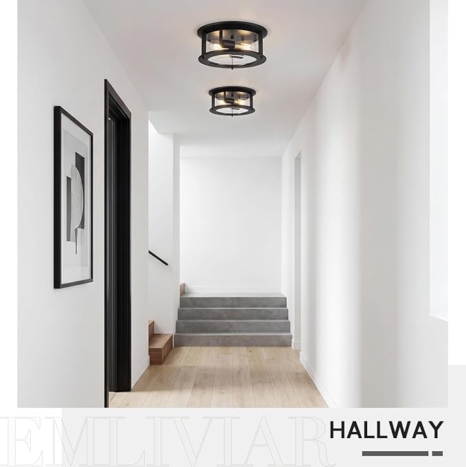 Emliviar 12.6" Farmhouse Flush Mount Ceiling Light, 2-Light Modern Close to Ceiling Light Fixture for Kitchen, Hallway Mounted Lantern with Clear Glass, Black Finish, YE19108-F1 BK