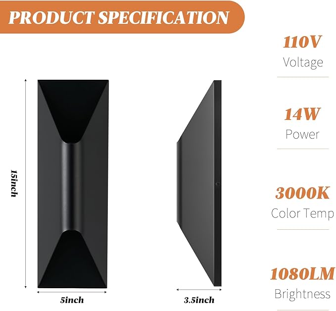Outdoor Wall Light Fixtures 2 Pack, 15" Up and Down Waterproof Porch Wall Sconce, Replaceable Bulb, 3000K LED, Modern Black Outside Lights for House, Front Door, Garage