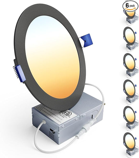 Ensenior 6 Pack 6 Inch LED Recessed Light, Dimmable, 2700K-5000K 5CCT, 1200LM High Brightness, 12W 120V, Damp Rated, Ultra-Thin Canless Wafer Light, Black - ETL & FCC & IC