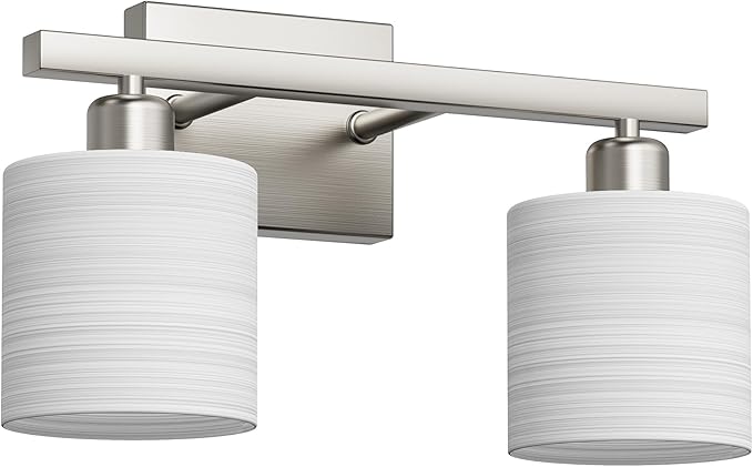PARTPHONER Bathroom Light Fixtures, Bathroom Lighting Fixtures Over Mirror, Classic Vanity Lights, Modern Vanity Light with Textured Frosted Opal White Glass Shades, Brushed Nickel, 2-Light