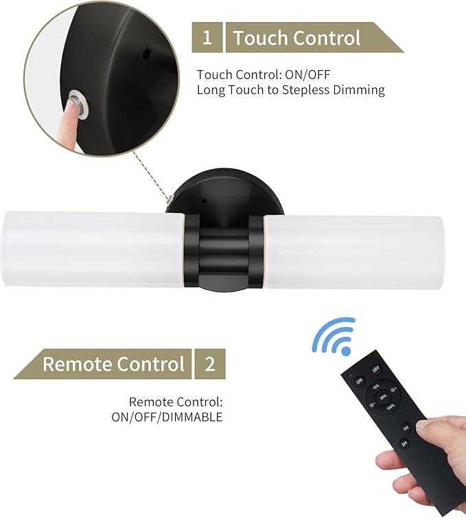 Rechargeable Battery Operated Wall Sconce, 8000mAh Cordless Wall Light with Dimmable, Timer Function, 3000K Warm White, Easy Install for Living Room, Bedroom, Black with White Shades, Bulbs Included