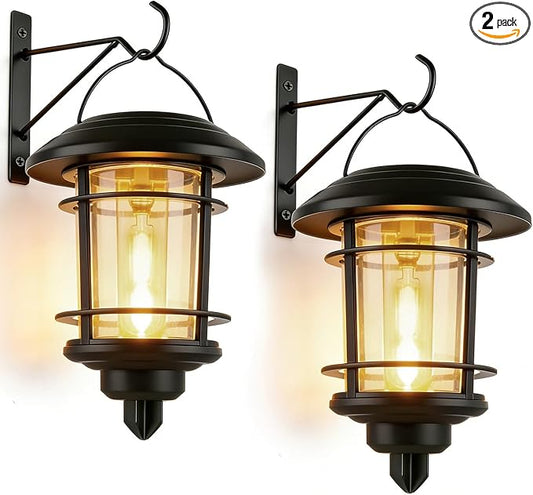 Dynaming 2 Pack Solar Lanterns Outdoor, Hanging Lantern Solar Garden Lights with Edison Bulb, Wall Mounted LED Light Auto On/Off, Waterproof for Garage Stair Patio Front Porch Yard, Warm White