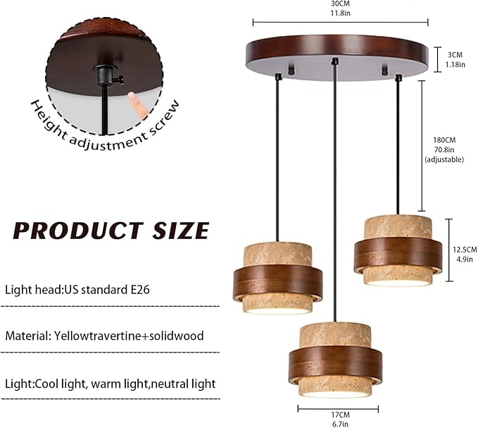Wabi Sabi Pendant Light - Japandi Nordic Fixture Lamp, Natural Wood & Stone Concrete Chandelier for Japanese Bedroom, Kitchen Island & Dining Room (Yellow Travertine Rotund 3-Head)