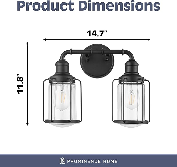 Prominence Home Lincoln Woods 2 Light Matte Black Industrial Bathroom Vanity Light with Cage and Clear Glass - 51544-01