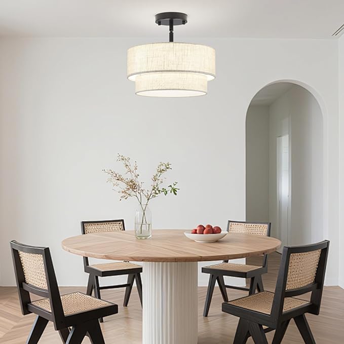 3-Light Semi Flush Mount Ceiling Light, 12.6 Inch Drum Black Chandelier Fabric Metal Kitchen Light Fixture, Dimmable Dining Room Light Fixture E26 Base Chandeliers for Living Room Bedroom