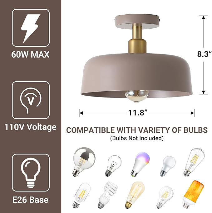Modern Semi Flush Mount Ceiling Light Fixture,11.8" Brass Accent Ceiling Mounted Light with Brown Metal Shade,1 Light Indoor Hallway Light Fixture for Porch Entryway Foyer Kitchen Bedroom Living Room