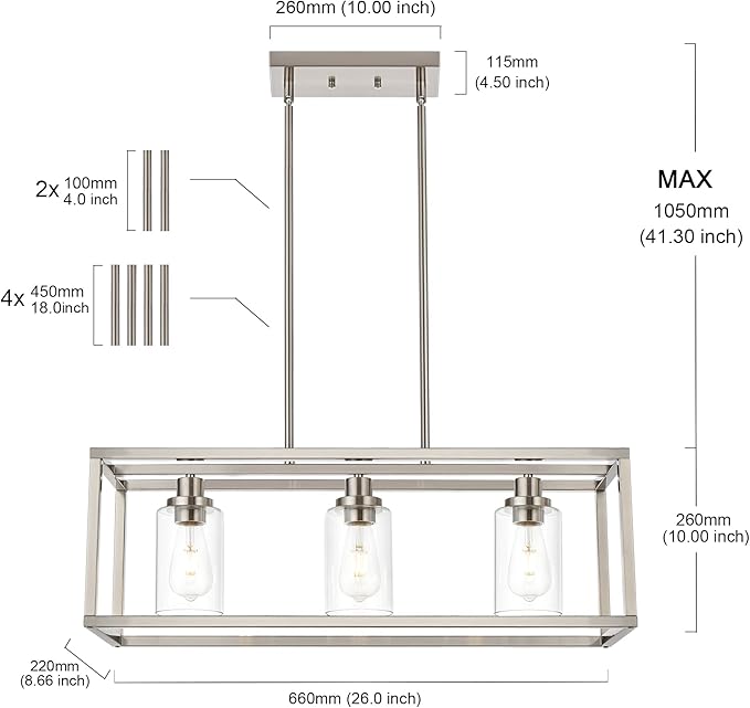 MELUCEE Rectangle Chandeliers for Dining Room Brushed Nickel Finish 3-Light Kitchen Island Lighting Modern Light Fixtures Ceiling Hanging for Hallway Living Room, Clear Glass Lampshade
