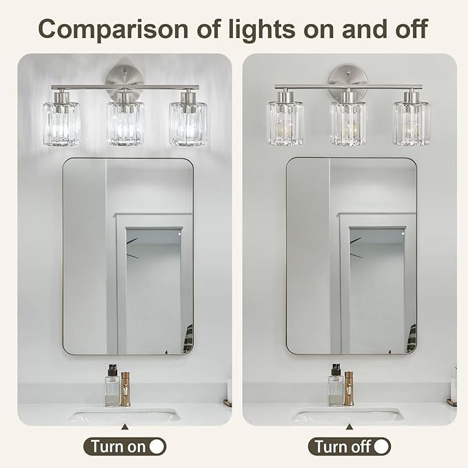 Crystal Bathroom Light Fixtures, Bathroom Lighting Fixtures Over Mirror, Modern 3-Light Brushed Nickel Vanity Lights for Mirror, Restroom, Kitchen(Ceramic E26 Socket,Bulbs Not Include)