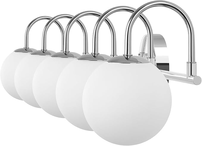 Chrome Mid Century Modern Bathroom Vanity Lights - 5-Light Wall Sconces with Frosted Milk Glass Globes