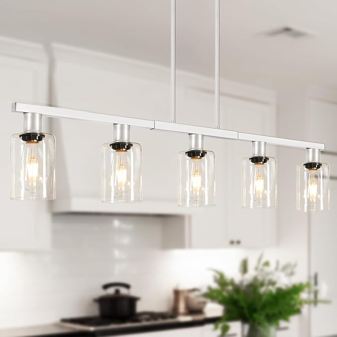 Brushed Nickel 5-Light Kitchen Island Lighting with Clear Glass Shades, Adjustable Island Light for Kitchen, Dining Room Light Fixture Over Table, Kitchen Pendant Lighting for Kitchen Island