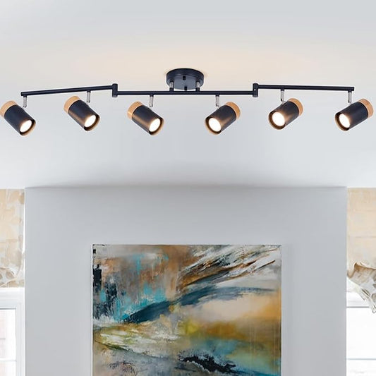 Black Track Lighting,6-Light,Flexible Beams and Rotation Spotlights, Natural Wood Track Lights for Kitchen,Bedroom, Closet,Art Show