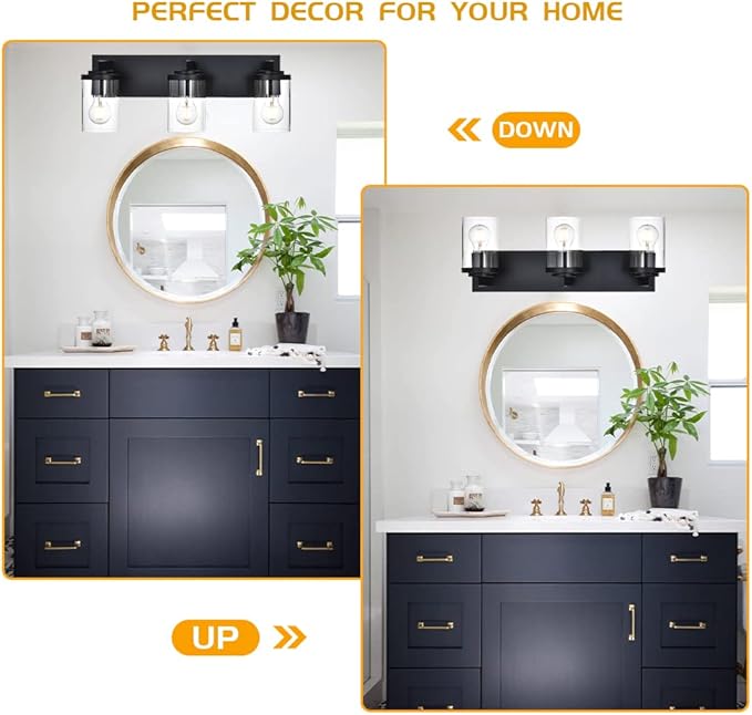 BONLICHT Modern 3-Light Vanity Light Fixture Black Bathroom Wall Light Over Mirror with Clear Glass Shade, Rustic Vintage Wall Sconce Lighting Farmhouse Wall Mounted Lamp for Powder Room Hallway