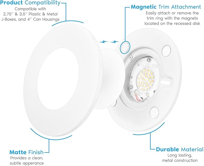 LUXRITE 3-4 Inch LED Flush Mount & Recessed Light, 7.5W, 5CCT 2700K-5000K, 650LM, Magnetic Trim, Dimmable Ceiling Can Light, Install to J-Box or 4 Inch Housing, Wet Rated, UL Listed