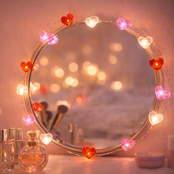 BOHON Valentine Day Decorations 13 ft 40 LEDs Red White Pink Lights String | Heart Fairy String Lights Battery Operated, Valentines Decor for The Home Galentines Day Indoor Garland Party with Timer