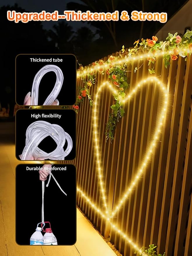 Thicker Tube Solar Rope Lights with Remote for Garden Decoration ,39FT 200LEDs Outdoor Solar Strip Lights for Palm Tree,IP67 Waterproof,USB Charging & 8 Modes Fairy Light for Christmas(Warm White)